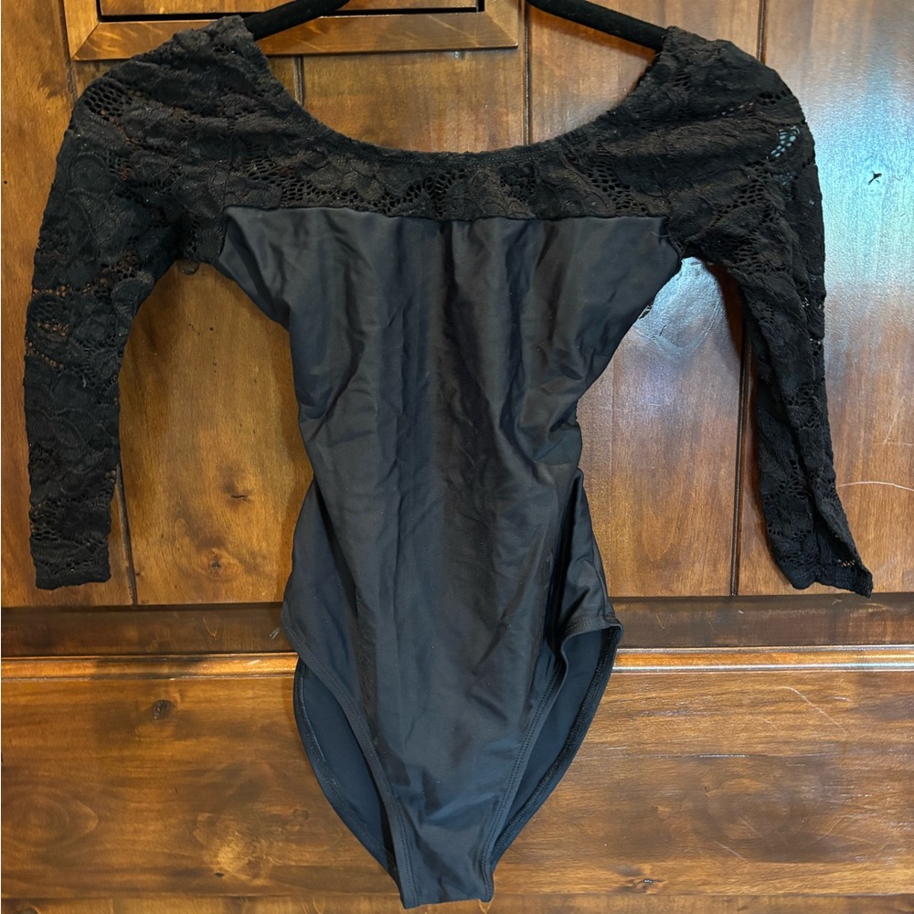 🩰 Audition Dancewear Black Lace 3/4 Sleeve Leotard